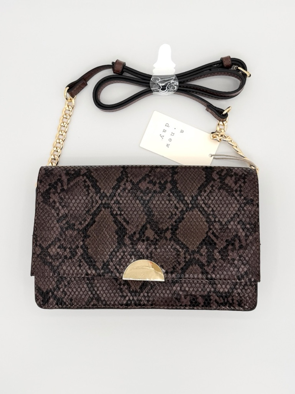A NEW DAY Small Snakeskin Crossbody Bag‎ OS Brown Gold Chain Flap Top